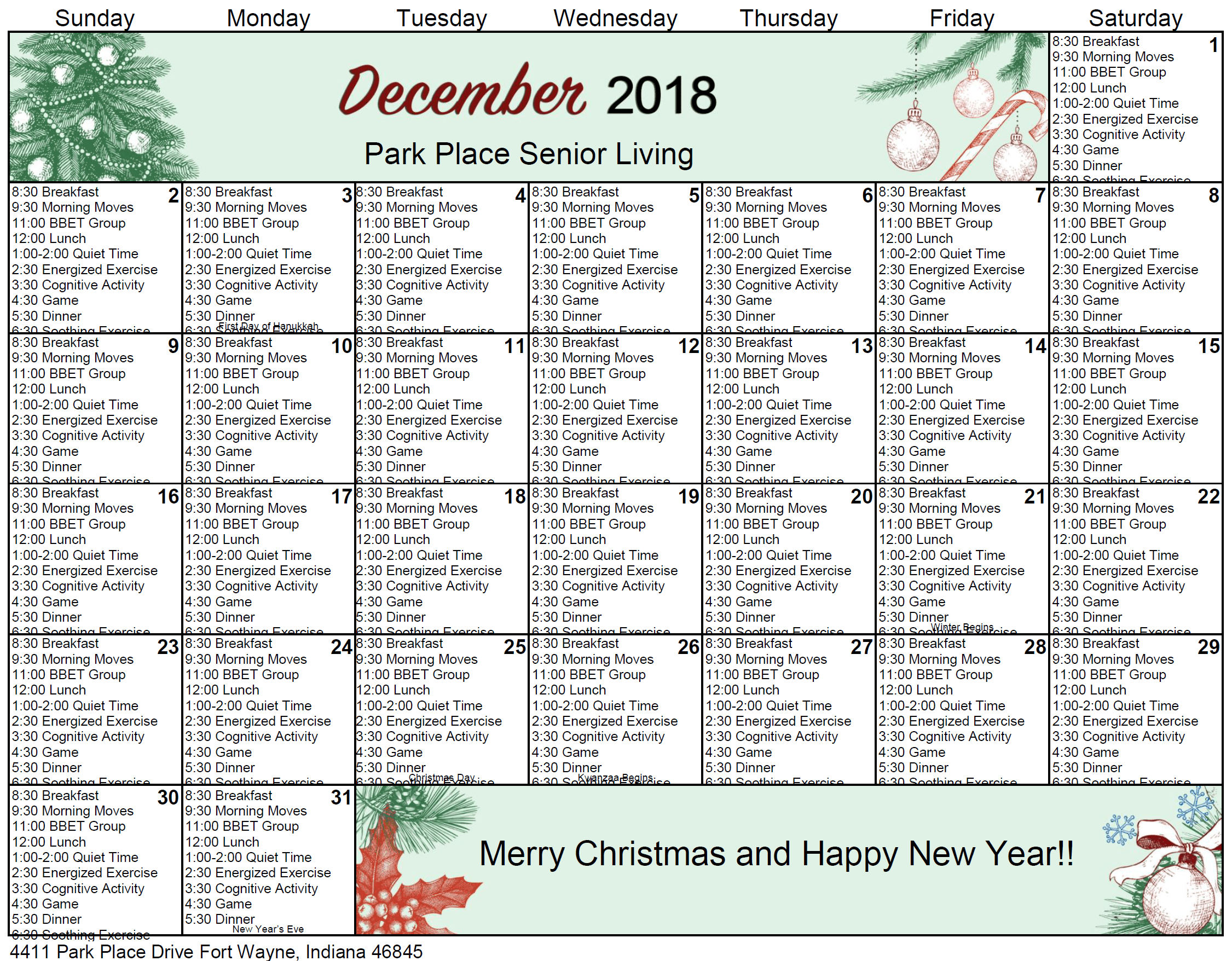 December Memory Care Calendar 2018 Lebanon Traditions