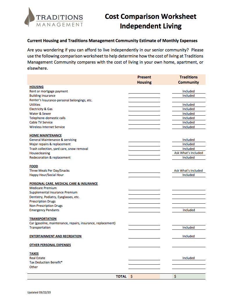 Cost Comparison Worksheet